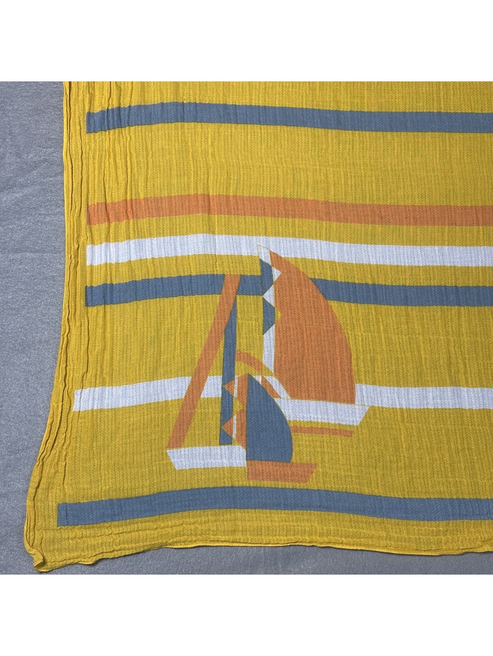 Vintage Lightweight Yellow Striped Scarf with Sailboat Pattern - Picture 6 of 12